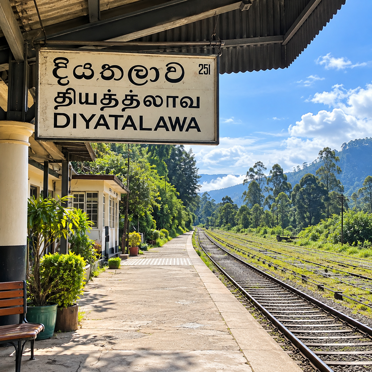Diyatalawa Railway Station surrounded by pine forests and mountains