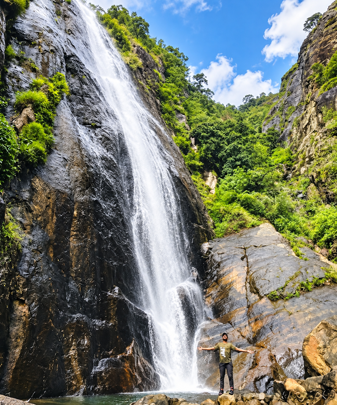 Misty highland waterfall near Eco Wild Glamping Bambarakanda