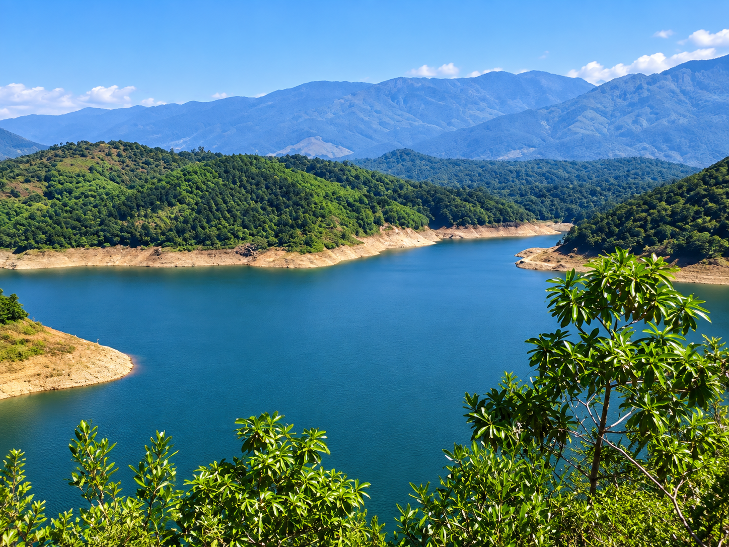 Samanala Wewa reservoir surrounded by Sri Lankan highlands
